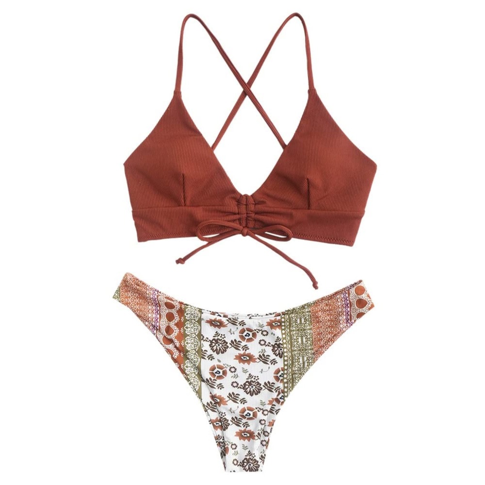 NWT ZAFUL Womens Ribbed Triangle Boho  Print High Cut Swimsuit Coffee Small
